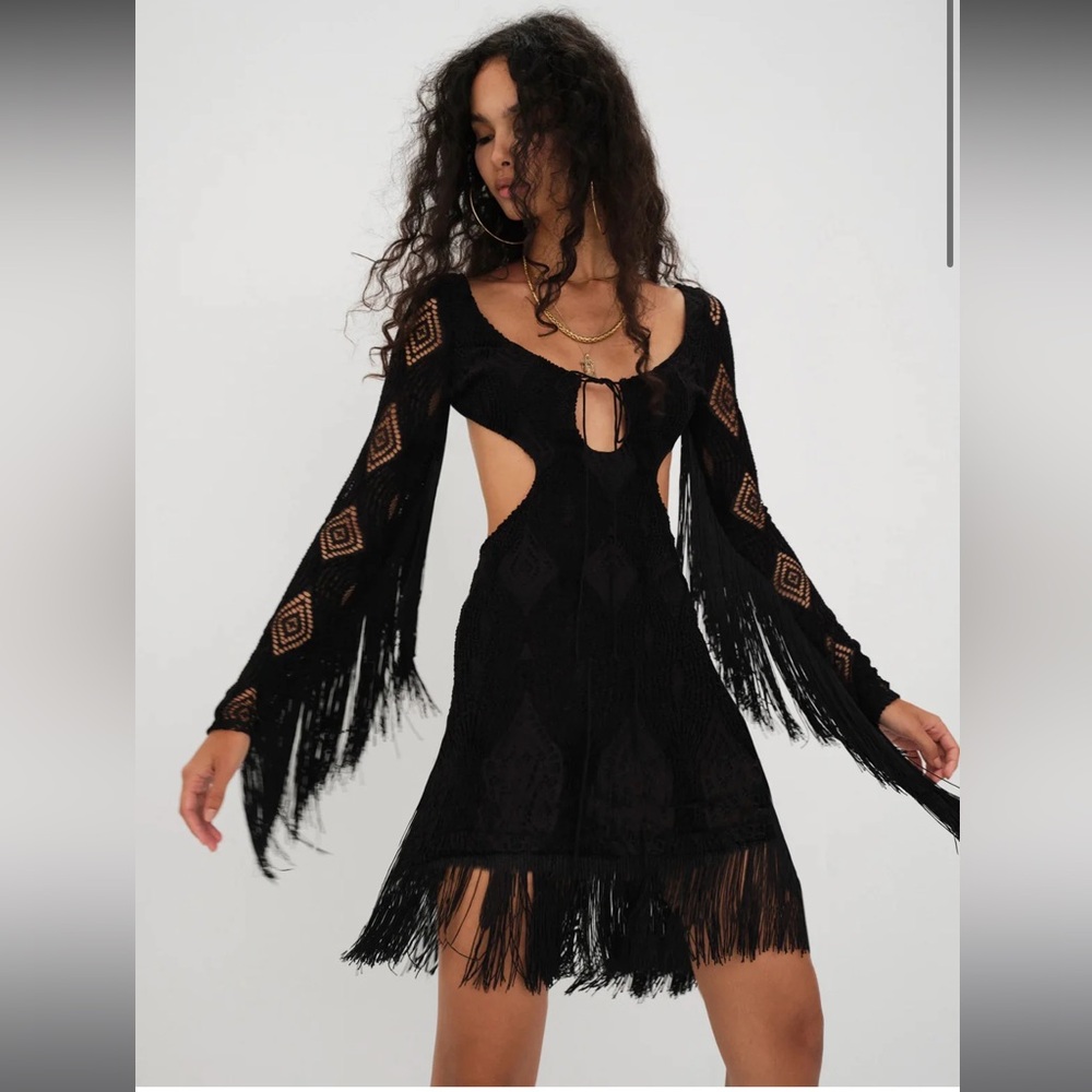 For Love And Lemons Black Cut-Out Fringe Mini Dress